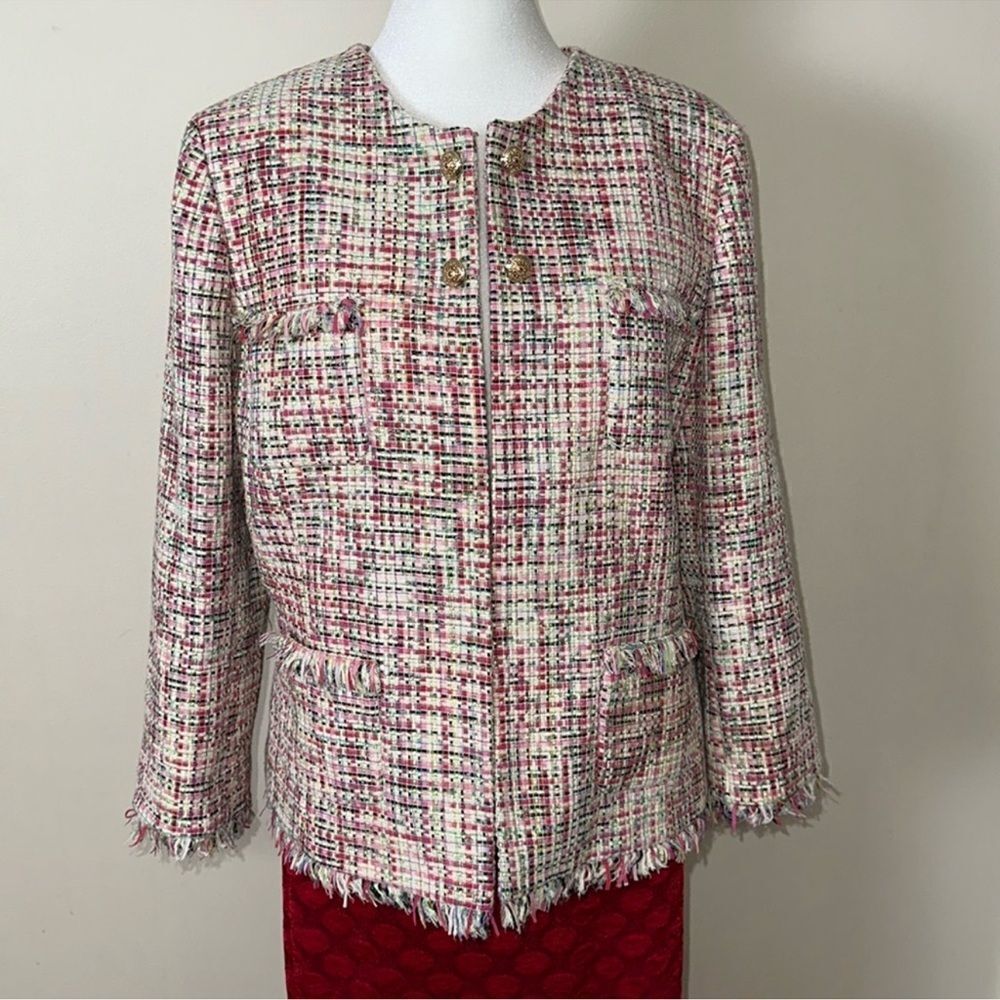 TAHARI x ASL 14 Pink Green Raw Fringe Hem Trim Four Pocket Tweed Blazer